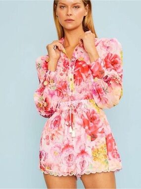 Floral Lace-Trim Pink Romper with Drawstring Waist